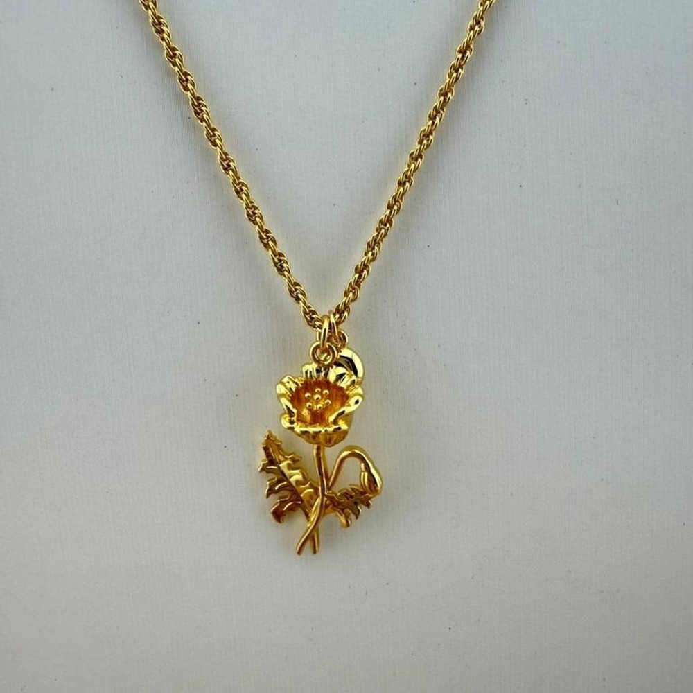 Gold Tone Necklace Poppy Flower Pendant Botanical Naturecore Design